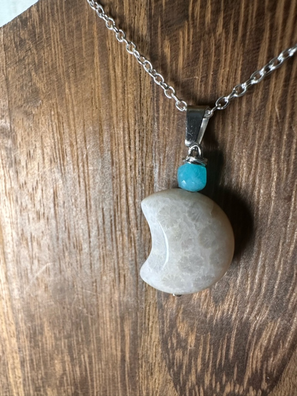 Small Coral Fossil Crescent Moon Charm Pendant Necklace, Amazonite and Silver - Picture 5 of 13